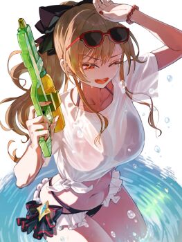 1girl ;d absurdres atari_(eurf8445) bikini bikini_under_clothes black_bikini bracelet breasts brown_hair collarbone commentary eyewear_on_head fingernails furen_e_lustario halterneck highres holding holding_water_gun jewelry large_breasts long_hair looking_ahead nail_polish navel nijisanji one_eye_closed open_mouth orange_eyes ponytail red-framed_eyewear shirt smile solo stomach sunglasses swimsuit t-shirt virtual_youtuber wading water_gun wet wet_clothes wet_shirt white_shirt