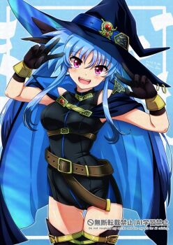 1girl :d bare_shoulders belt black_gloves black_thighhighs blue_background blue_cape blue_hair border breasts cape commentary_request covered_groin double-parted_bangs double_v gem_hat_ornament gloves hair_between_eyes hat hat_ring highres levi_the_slasher long_sidelocks looking_at_viewer loose_belt lyrical_nanoha magical_girl mahou_shoujo_lyrical_nanoha mahou_shoujo_lyrical_nanoha_a's mahou_shoujo_lyrical_nanoha_a's_portable:_the_battle_of_aces mahou_shoujo_lyrical_nanoha_a's_portable:_the_gears_of_destiny mahou_shoujo_lyrical_nanoha_innocent medium_breasts multiple_belts open_mouth outside_border parted_bangs red_eyes san-pon sidelocks simple_background sleeveless smile solo thighhighs two-sided_cape two-sided_fabric upper_body v white_border wispy_bangs witch witch_hat