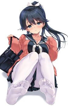 1girl bag black_bag black_hair black_sailor_collar black_serafuku black_shirt black_skirt blue_eyes blush breasts cardigan cleavage collarbone commentary_request feet foot_focus hair_between_eyes hair_ornament highres houshou_(kancolle) houshou_kai_ni_(kancolle) kantai_collection knees_together_feet_apart knees_up large_breasts long_hair long_sleeves looking_at_viewer mole mole_on_breast neckerchief nijimoto_hirok open_cardigan open_clothes open_mouth pantyhose pink_cardigan ponytail sailor_collar school_bag school_uniform serafuku shirt shoulder_bag simple_background sitting skirt soles solo white_background white_neckerchief white_pantyhose