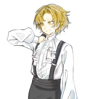 1boy blonde_hair closed_mouth cowboy_shot hashtag-only_commentary limbus_company long_sleeves looking_to_the_side male_focus official_alternate_costume project_moon puffy_long_sleeves puffy_sleeves ruixun616 shirt short_hair simple_background sinclair_(project_moon) solo suspenders sweat white_background white_shirt yellow_eyes