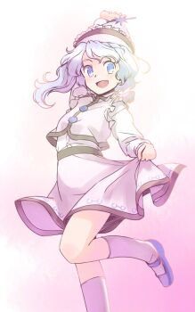 1girl :d arm_up blue_eyes blue_hair blue_shoes buttons collared_vest commentary_request frilled_hat frills hand_up hat kneehighs knees light_blush long_hair long_sleeves merlin_prismriver one-hour_drawing_challenge open_mouth pink_background pink_skirt pink_socks pink_vest rangycrow shirt shoes skirt skirt_hold smile socks solo sun_hat_ornament thighs touhou vest white_shirt