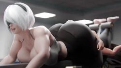 1boy 1girl 2b_(nier:automata) 3d 9s_(nier:automata) animated ass bare_shoulders between_buttocks blindfold breasts cleavage exercising face_in_ass femdom gym hairband huge_ass huge_breasts indoors jiggle lying nier_(series) on_back pants scrag_boy short_hair size_difference sound sports_bra tagme video white_hair yoga_pants