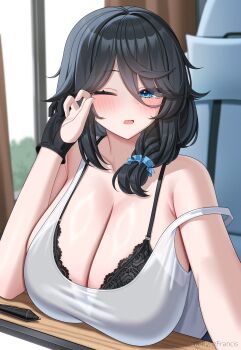 1girl ;o absurdres aqua_eyes bare_arms black_bra black_hair blush bra bra_visible_through_clothes breast_rest breasts chair cleavage collarbone curtains desk drawing_tablet embarrassed fingerless_gloves gloves hair_between_eyes hair_ornament hair_scrunchie highres huge_breasts indoors long_hair looking_at_viewer nose_blush one_eye_closed open_mouth original rynzfrancis scrunchie see-through_clothes shirt sitting solo strap_slip stylus tank_top tearing_up underwear variant_set wavy_mouth wet wet_clothes wet_shirt white_tank_top window