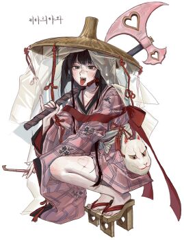 1girl axe battle_axe belt between_fingers black_hair blush brown_hat brown_shoes claws floral_print fox_mask full_body grey_eyes hand_up hat highres holding holding_smoking_pipe holding_weapon japanese_clothes jingasa kimono long_hair long_sleeves looking_at_viewer mask min_do-sik nail_polish open_mouth original pink_kimono pink_nails plaid_clothes plaid_kimono red_ribbon ribbon scar scar_on_face scar_on_leg shoes sidelocks simple_background smoking_pipe solo squatting tassel teeth toenail_polish toenails tongue tongue_out veil weapon white_background white_belt white_veil wide_sleeves
