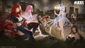 6+girls absurdres aerial_fireworks alternate_costume amplifier animal_ears between_breasts black_bow black_dress black_leotard black_necktie black_pants black_shoes blanc_(nikke) bow breasts brown_eyes brown_hair city cleavage closed_mouth d_(killer_wife)_(nikke) d_(nikke) dark-skinned_female dark_skin detached_collar dorothy_(nikke) dress fake_animal_ears fireworks fishnet_pantyhose fishnets goddess_of_victory:_nikke grey_hair greyscale hat high_heels highres horns jacket lake large_breasts leotard long_sleeves looking_at_viewer mechanical_horns modernia_(nikke) monochrome multiple_girls necktie necktie_between_breasts night noir_(nikke) official_art on_ground open_mouth pants pantyhose park parted_bangs pink_hair playboy_bunny purple_eyes red_eyes red_hair red_hood_(nikke) red_jacket scarlet_(nikke) shoes sidelocks sitting sitting_on_stairs smile stairs standing straw_hat white_dress white_hair white_leotard white_wrist_cuffs wrist_cuffs yuri