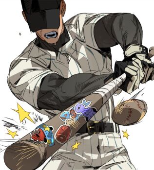 1boy baseball baseball_bat baseball_cap baseball_uniform belt belt_buckle black_belt black_hat black_shirt boned_meat buckle food genichiro_cute hat holding holding_baseball_bat layered_sleeves long_sleeves male_focus meat off_(game) open_mouth pants pinstripe_pants pinstripe_pattern pinstripe_shirt shirt short_over_long_sleeves short_sleeves simple_background solo sportswear sticker sweat swinging_baseball_bat teeth the_batter_(off) white_background