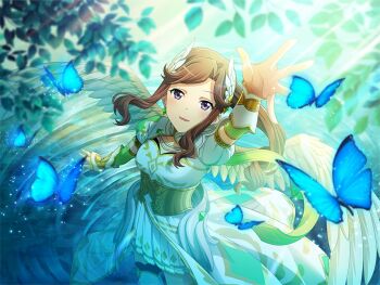 1girl angel_wings archangel_raphael archangel_raphael_(cosplay) arm_up brown_hair bug butterfly cosplay dress from_above game_cg headpiece insect long_hair looking_at_viewer looking_up official_art parted_lips ponytail puffy_short_sleeves puffy_sleeves purple_eyes short_sleeves shoujo_kageki_revue_starlight shoujo_kageki_revue_starlight_-re_live- sidelocks skirt solo standing tendou_maya the_bible upper_body water white_dress white_skirt white_wings wings wrist_guards