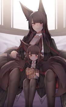 2girls absurdres akagi-chan_(azur_lane) akagi_(azur_lane) animal_ears azur_lane black_kimono black_pantyhose breasts brown_hair closed_mouth commentary dated_commentary food fox_ears fox_girl fox_tail hair_ornament highres japanese_clothes kimono kitsune kyuubi long_hair looking_at_viewer mother_and_daughter multiple_girls multiple_tails pantyhose popcorn red_eyes samip sitting smile tail