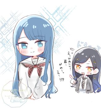 Rule 34 | 2girls, black cardigan, black hair, black necktie, bloom festival (project sekai), blush, cardigan, closed mouth, commentary request, hair ornament, hairclip, highres, kamiyama high school uniform (project sekai), kiritani haruka, long hair, long sleeves, looking at viewer, miyamasuzaka girls' academy school uniform, multiple girls, neckerchief, necktie, nervous sweating, official alternate hair length, official alternate hairstyle, omnk kng, open cardigan, open clothes, parallel hairclips, parted bangs, pointing, pointing at another, project sekai, red neckerchief, sailor collar, school uniform, shiraishi an, shirt, side part, smile, sparkle, split mouth, sweat, watermark, white sailor collar, white shirt