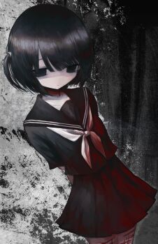 1girl absurdres arms_behind_back black_eyes black_hair black_sailor_collar black_serafuku black_shirt black_skirt blood cuts highres injury neckerchief noroi_(rnatataki) one_side_up original pale_skin pleated_skirt sailor_collar school_uniform self-harm serafuku shirt short_sleeves skirt solo thigh_cutting white_neckerchief