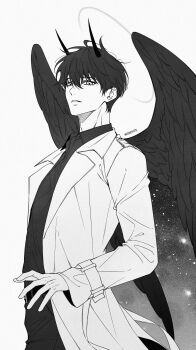 1boy 28ente black_hair black_shirt black_wings coat collared_shirt cowboy_shot demon_horns feathered_wings greyscale halo hashtag-only_commentary highres horns kim_dokja looking_at_viewer male_focus monochrome official_alternate_costume omniscient_reader&#039;s_viewpoint open_clothes open_coat parted_lips shirt short_hair solo white_coat wings