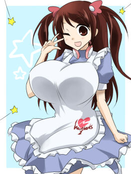 Rule 34 | 1girl, apron, blue background, blue dress, breasts, brown eyes, brown hair, dress, hair ornament, headphones, huge breasts, long hair, mizuhara hayari, non-web source, one eye closed, puffy sleeves, saki, saki (manga), saki achiga-hen, short sleeves, smile, solo, star (symbol), thighhighs, two side up, white apron