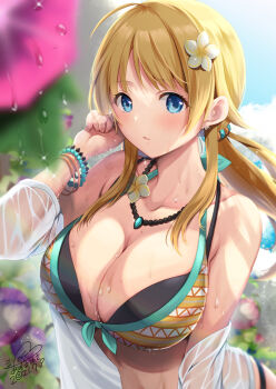 Rule 34 | 1girl, ahoge, azuma yuki, bare shoulders, bikini, black bra, blonde hair, blue eyes, bra, bracelet, breasts, commentary request, flower, hachimiya meguru, hair flower, hair ornament, highres, idolmaster, idolmaster shiny colors, jewelry, large breasts, long hair, low twintails, multicolored bikini, necklace, see-through clothes, solo, sweat, swimsuit, twintails, underwear