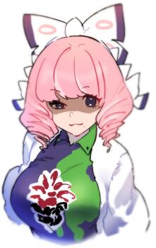 1girl a_(saintblue09) bow breasts collared_shirt cropped_torso drill_hair drill_sidelocks eyeshadow flipped_hair fur_jacket hair_bow hairband half-closed_eye jacket klara_(pokemon) large_breasts makeup medium_breasts mole mole_under_mouth nintendo pink_eyeshadow pink_hair pokemon pokemon_swsh print_shirt print_shorts purple_eyes shaded_face shirt short_hair shorts sidelocks smile solo third-party_source two-tone_shirt two-tone_shorts wavy_mouth white_bow white_hairband