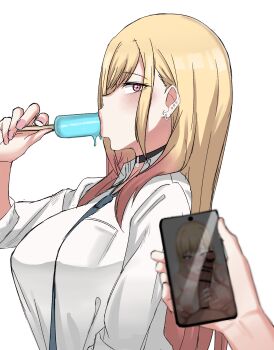 1boy 1girl absurdres bar_censor blonde_hair blue_necktie blush breasts cellphone cellphone_photo censored chihel choker ear_piercing earrings eating food handjob highres holding holding_food holding_ice_cream holding_phone ice_cream jewelry juxtaposition kitagawa_marin large_breasts large_penis long_hair looking_at_penis looking_at_viewer looking_to_the_side multicolored_hair necktie netorare nude penis penis_grab penis_on_cheek penis_on_face phone piercing pink_hair pink_nails pov red_eyes shirt smartphone sono_bisque_doll_wa_koi_wo_suru white_background white_shirt