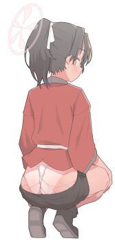 1girl absurdres ass black_hair black_shorts blue_archive blush clothes_pull from_behind full_body fundoshi hair_ribbon halo highres japanese_clothes kimono loli looking_at_viewer looking_back panties ponytail red_kimono ribbon rickshaw_student_(blue_archive) s10021 shorts shorts_pull simple_background solo squatting tan tanline underwear wet white_background white_panties yellow_eyes