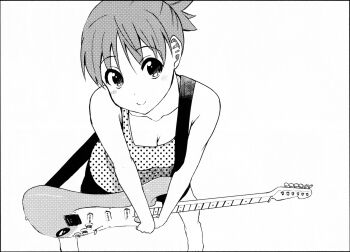 1girl breasts chapter_cover cleavage greyscale guitar guitar_strap highres hirasawa_ui holding holding_instrument instrument k-on! k-on!_high_school kakifly leaning_forward looking_at_viewer monochrome non-web_source official_art polka_dot polka_dot_shirt ponytail scan shirt sleeveless sleeveless_shirt smile solo