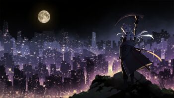 a_date_with_death atmospheric_perspective black_boots boots bush casper_(a_date_with_death) city_lights cityscape flower from_behind full_body full_moon glowing gradient_sky grass highres hill holding holding_scythe jacket jacket_partially_removed jellyfish_cut looking_at_viewer looking_back moon night night_sky non-web_source official_art on_grass red_eyes scenery scythe silhouette sky sleeveless sleeveless_turtleneck standing turning_around turtleneck variant_set white_hair