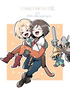 &gt;_&lt; 1girl 3boys :d adelbert_steiner anger_vein anniversary aqua_ribbon armor bare_shoulders black_choker black_mage_(final_fantasy) blonde_hair blue_coat blue_pants blue_vest blue_wrist_cuffs blush bodysuit boots border brown_boots brown_gloves brown_hair carrying choker closed_eyes coat copyright_name couple dated final_fantasy final_fantasy_ix furrowed_brow garnet_til_alexandros_xvii gloves grey_boots grey_gloves hand_on_headwear hat hat_feather helmet hetero holding holding_sword holding_weapon juliet_sleeves knight long_sleeves multiple_boys neck_ribbon nnnmmg0725 open_mouth orange_background orange_bodysuit pants parted_bangs plate_armor princess_carry puffy_sleeves ribbon shirt short_hair shouting smile sparkle striped_clothes striped_pants sword twitter_username vest vivi_ornitier weapon white_border white_shirt wizard_hat wrist_cuffs xd yellow_eyes zidane_tribal