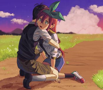 Rule 34 | 1boy, 1girl, antenna hair, aubrey (faraway) (omori), aubrey (omori), black hair, black shoes, black socks, black sweater vest, blue eyes, blue hairband, blue skirt, brown shorts, cloud, collared shirt, commentary request, crying, crying with eyes open, denim, denim skirt, double-parted bangs, hair between eyes, hairband, highres, jacket, long hair, omori, open clothes, open jacket, open mouth, pink hair, shirt, shoes, short-sleeved jacket, short hair, short sleeves, shorts, shousan (hno3syo), sidelocks, skirt, sky, sneakers, socks, sunny (omori), sweater vest, tears, white jacket, white shirt, white socks