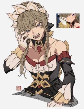 1girl absurdres artist_name bare_shoulders black_bow black_dress black_sleeves blonde_hair blue_eyes bow braid breasts collarbone commentary derivative_work detached_collar detached_sleeves dress english_commentary fangs flying-frappuccino frills genshin_impact gloves hair_between_eyes hair_bow hair_bun hand_up highres long_sleeves looking_at_viewer medium_breasts open_mouth sandrone_(genshin_impact) screenshot_redraw short_hair_with_long_locks simple_background sitting sleeveless sleeveless_dress solo strapless strapless_dress teeth tongue v-shaped_eyebrows white_background white_gloves white_headdress wide_sleeves wing_collar