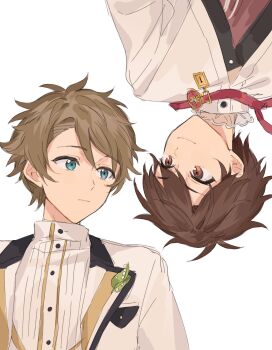 Rule 34 | 2boys, absurdres, brown eyes, brown hair, buttons, chinese commentary, closed mouth, commentary request, ensemble stars!, fua1heyvot4ifsr, green eyes, highres, lapels, lock, looking at another, male focus, mixed-language commentary, morisawa chiaki, multiple boys, official alternate costume, partial commentary, ring (ensemble stars!), short hair, simple background, smile, takamine midori, upper body, wedding march! (ensemble stars!), white background, yaoi