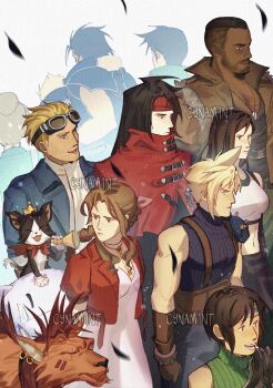 4girls 6+boys aerith_gainsborough animal animal_earrings animal_on_head apron arm_around_neck armor armored_gloves artist_name ascot bare_shoulders barret_wallace beard belt biggs_(ff7) black_bra black_feathers black_hair black_skirt black_tank_top blonde_hair blue_jacket blue_pants blue_shirt bra braid braided_ponytail breasts brown_belt brown_gloves brown_hair brown_vest cait_sith_(final_fantasy) cape cat cat_on_head choker cid_highwind cloak cloud_strife crop_top cropped_jacket crown cynam1nt dark-skinned_male dark_skin dog_tags dress elmyra_gainsborough facial_hair facial_mark facial_scar falling_feathers feather_hair_ornament feathers final_fantasy final_fantasy_vii final_fantasy_vii_rebirth final_fantasy_vii_remake flower_choker furrowed_brow gloves goggles goggles_on_head green_dress green_pants green_shirt hair_bun hair_ornament hair_ribbon headband highres holding holding_megaphone jacket long_dress long_hair medium_breasts megaphone midriff mini_crown miniskirt moogle multiple_boys multiple_girls on_head open_mouth pants parted_bangs parted_lips pauldrons pink_dress pink_ribbon puffy_short_sleeves puffy_sleeves red_cape red_cloak red_headband red_jacket red_xiii ribbon scar scar_across_eye scar_on_cheek scar_on_face shirt short_hair short_sleeves shoulder_armor sidelocks single_bare_shoulder single_braid single_pauldron skirt sleeveless sleeveless_shirt sleeveless_turtleneck smile spiked_hair sports_bra suspenders tank_top tifa_lockhart turtleneck underwear upper_body very_short_hair vest vincent_valentine white_apron white_ascot white_gloves white_shirt yellow_eyes yuffie_kisaragi zack_fair