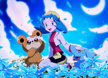 1girl :d bike_shorts blue_eyes blue_flower blue_hair breasts commentary_request crescent_moon cropped_jacket eyelashes flower gen_2_pokemon highres jacket jeri20 kris_(pokemon) long_hair long_sleeves moon nintendo open_mouth outdoors petals phanpy pokemon pokemon_(creature) pokemon_gsc purple_shirt shirt shoes sky smile teddiursa tongue twintails white_jacket yellow_headwear