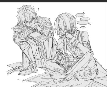 2boys ? anaxa_(honkai:_star_rail) armor barefoot cape chalk commentary_request covering_own_mouth crossed_arms crossed_legs eyepatch gauntlets greaves greyscale hand_over_own_mouth highres honkai:_star_rail honkai_(series) indian_style jewelry long_hair long_sleeves looking_at_another lv_minus999 male_focus monochrome multiple_boys multiple_rings paper phainon_(honkai:_star_rail) ponytail ring short_hair shoulder_armor sitting speech_bubble squatting thinking