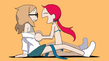 2girls aqua_skirt bikini black-framed_eyewear blonde_hair blue_bikini blue_necktie bra chibi closed_eyes flat_chest from_side glasses highres hotelblue kneeling madeline_(hotelblue) multiple_girls necktie original ponytail profile r.h. red_hair shirt simple_background sitting skirt swimsuit training_bra underwear undressing_another unworn_necktie white_shirt yellow_background yuri |_|