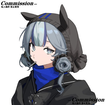 Rule 34 | 1girl, arknights, black sailor collar, blue eyes, bright pupils, candy, closed mouth, commission, double bun, food, glaucus (arknights), grey hair, hair bun, hair ornament, hair scrunchie, highres, hood, hood up, lollipop, long hair, longshengyan, looking at viewer, multicolored hair, purple hair, sailor collar, scrunchie, simple background, solo, streaked hair, turtleneck, two-tone hair, upper body, white background
