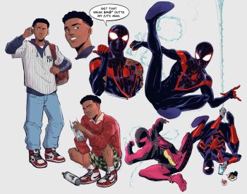 Rule 34 | 1boy, air jordan, air jordan 1, animal print, baseball jersey, battle damage, black bodysuit, black hair, blue jacket, bodysuit, cellphone, commentary, dark-skinned male, dark skin, denim, dumbdelvon, dynamic pose, earrings, english commentary, english text, headphones, highres, jacket, jeans, jersey, jewelry, layered clothes, leg up, long sleeves, looking at viewer, major league baseball, marvel, mask, miles morales, multicolored bodysuit, new york yankees, nike (company), official alternate costume, pants, phone, pink bodysuit, pink shoes, print bodysuit, reference sheet, shoes, silk, simple background, sitting, sneakers, solo, speech bubble, spider-man (miles morales), spider-man (series), spider print, spider web print, spray can, squatting, sweater, text messaging, torn clothes, undercut, upside-down