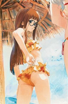 2girls adjusting_clothes adjusting_swimsuit ahoge alternate_eye_color ass bikini blonde_hair blue_sky brown_hair butterchalk commission day frilled_bikini frills glasses grey_eyes highres long_hair multiple_girls out_of_frame outdoors parted_lips persona persona_5 pixiv_commission sakura_futaba side-tie_bikini_bottom sky solo_focus swimsuit takamaki_anne thighs very_long_hair yellow_bikini