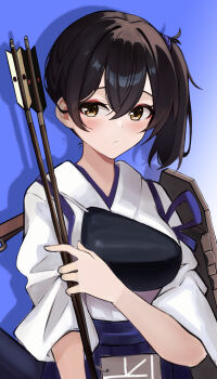 1girl absurdres armor arrow_(projectile) black_hair blush brown_eyes closed_mouth hair_between_eyes highres holding holding_arrow japanese_armor japanese_clothes kaga_(kancolle) kaka_(abclkj12) kantai_collection kimono long_hair looking_at_viewer muneate pauldrons purple_skirt shoulder_armor side_ponytail sidelocks single_pauldron skirt sode solo upper_body white_kimono