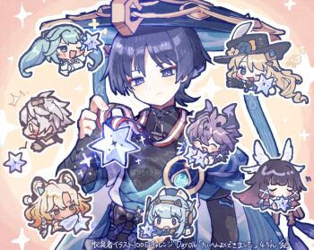 3boys 5girls ^^^ anemo_symbol_(genshin_impact) animal_ears aqua_gem aqua_hair arm_at_side armor bennett_(genshin_impact) black_bodysuit black_bow black_bridal_gauntlets black_dress black_gloves black_hat black_shorts blank_eyes blonde_hair blue_cape blue_eyes blue_gem blue_hair blue_hat blue_kimono blue_sleeves blunt_bangs blunt_ends blunt_tresses blush bodysuit bow braid bridal_gauntlets bright_pupils brooch brown_gloves cape cavalier_hat closed_mouth colored_inner_hair columbina_(genshin_impact) cropped_torso dark-skinned_female dark_skin diffraction_spikes dragon_boy dragon_horns dress drill_hair durin_(genshin_impact) elbow_gloves eyelashes eyeliner facing_another faruzan_(genshin_impact) feathered_wings feathers fingernails furisode gem genshin_impact gloves goggles goggles_on_head gold green_eyes grey_hair gurumin_(gurruguru) hair_between_eyes hair_ornament hair_ribbon hair_tubes hand_up hat hat_feather head_wings holding horns ineffa_(genshin_impact) japanese_armor japanese_clothes jewelry jingasa juban kimono kote kurokote layered_sleeves leopard_ears leopard_girl light_blush long_hair makeup mandarin_collar mechanical_ears medal multicolored_hair multiple_boys multiple_girls multiple_wings navia_(genshin_impact) nurse_cap one_eye_closed open_clothes open_kimono outline outstretched_arms parted_bangs purple_eyes purple_hair purple_rope purple_sash red_eyeliner ribbon rope sash scaramouche_(genshin_impact) short_sleeves shorts side_braid side_cape smile spread_arms star_(symbol) star_medal star_symbol_background streaked_hair symbol-shaped_pupils tareme tearing_up tears translation_request tress_ribbon triangle-shaped_pupils tsurime twintails upper_body vision_(genshin_impact) wanderer_(genshin_impact) watermark white_dress white_eyes white_feathers white_gloves white_hair white_kimono white_outline white_pupils white_ribbon white_sleeves white_wings wing_hair_ornament wings wrist_cuffs x_hair_ornament xilonen_(genshin_impact) yellow_background