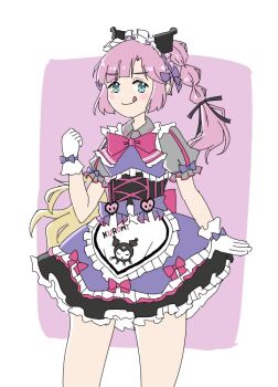 Rule 34 | 1girl, :q, anyoji hime, apron, black ribbon, blonde hair, blue eyes, border, character print, clenched hand, closed mouth, commentary, cowboy shot, dress, frilled apron, frilled dress, frilled sleeves, frills, gloves, gradient hair, grey shirt, hair ribbon, kuromi, link! like! love live!, long hair, looking at viewer, love live!, multi-tied hair, multicolored hair, my melody (series), one-hour drawing challenge, outside border, pinafore dress, pink background, pink hair, ponytail, print apron, puffy short sleeves, puffy sleeves, purple dress, ribbon, sanrio, shirt, short dress, short sleeves, sidelocks, simple background, sinjukuiti, sleeveless, sleeveless dress, smile, solo, tongue, tongue out, very long hair, virtual youtuber, waist apron, white apron, white border, white gloves