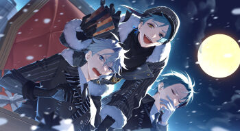 13_(bbr584607091) 3boys absurdres azul_ashengrotto azul_ashengrotto_(nightmare_suit) black_gloves black_hair black_hat black_suit blue_eyes blue_hair blurry blurry_foreground closed_eyes cloud cloudy_sky commentary cooking floyd_leech floyd_leech_(nightmare_courier) formal_clothes full_moon fur-trimmed_jacket fur_trim gift glasses gloves green_eyes grey_hair hat heterochromia highres holding holding_gift jacket jade_leech jade_leech_(nightmare_suit) looking_at_viewer lost_in_the_book_with_tim_burton's_the_nightmare_before_christmas male_focus moon multicolored_hair multiple_boys night night_sky open_mouth pinstripe_pattern pinstripe_suit sharp_teeth short_hair sky smile snow streaked_hair suit surprised symbol-only_commentary teeth twisted_wonderland upper_body upper_teeth_only white_gloves yellow_eyes