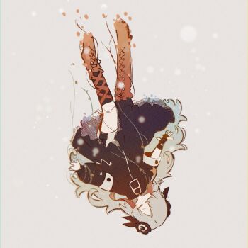 1girl asymmetrical_legwear asymmetrical_sleeves black_dress black_flower black_gloves black_pantyhose black_socks boots closed_eyes closed_mouth commentary_request dress expressionless fingerless_gloves flower full_body gloves grey_background grey_hair grey_shorts hair_flower hair_ornament hair_over_one_eye highres isekaijoucho kamitsubaki_studio kneehighs kokonama long_hair orange_boots pantyhose shorts single_glove socks solo thigh_boots upside-down very_long_hair