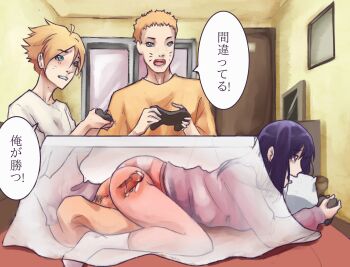 1girl 2boys absurdres boruto:_naruto_next_generations controller cum cum_in_pussy eroboruto game_controller highres husband_and_wife hyuuga_hinata incest japanese_text kotatsu mother_and_son multiple_boys multitasking naruto_(series) netorare playing_games see-through_clothes sex stealth_sex table translation_request under_kotatsu under_table uzumaki_boruto uzumaki_naruto x-ray
