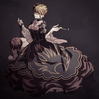 1boy 1girl beatrice_(umineko) black_background black_dress blonde_hair bow braid breasts clothed_female_nude_male dress femdom flower hair_flower hair_ornament highres holding holding_smoking_pipe hswoimuxk0pwr0h_(bbdan) large_breasts layered_dress leash long_dress nude pet_play pink_bow print_dress red_dress red_flower red_hair red_rose rose scene_reference short_hair smile smoking_pipe spoilers turn_of_the_golden_witch umineko_no_naku_koro_ni ushiromiya_battler