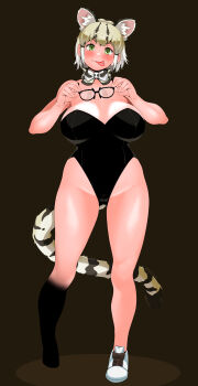 1girl absurdres alternate_costume animal_ear_fluff animal_ears animal_print bare_shoulders black_hair black_leotard blonde_hair blush bow bowtie breasts brown_background cameltoe cat_ears cat_girl cat_tail dot_nose emil_(fafa) extra_ears full_body glasses gluteal_fold green_eyes groin hair_tattoo highleg highleg_leotard highres holding holding_removed_eyewear kemono_friends kittysuit large_breasts leotard looking_at_viewer margay_(kemono_friends) multicolored_hair nontraditional_playboy_bunny shoes short_hair sneakers solo strapless strapless_leotard tail tongue tongue_out unworn_eyewear