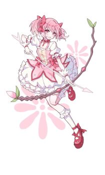 1girl blush bow bow_(weapon) bow_choker bubble_skirt choker commentary dress frilled_socks frills full_body gloves hair_bow hair_ribbon highres holding holding_bow_(weapon) holding_weapon kaname_madoka kaname_madoka_(magical_girl) looking_at_viewer lulutmi magical_girl mahou_shoujo_madoka_magica mahou_shoujo_madoka_magica_(anime) pink_eyes pink_hair pink_theme puffy_sleeves red_choker ribbon short_hair short_twintails skirt smile socks solo soul_gem twintails weapon white_gloves