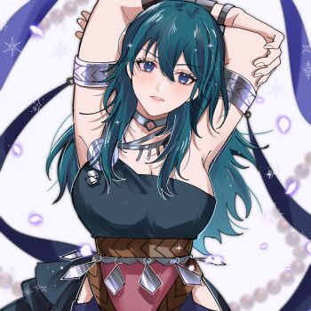 1girl armlet armpits arms_behind_head blue_eyes blue_hair breasts cleavage dancer dancer_(fire_emblem:_three_houses) female_byleth_(fire_emblem) fire_emblem fire_emblem:_three_houses hair_between_eyes highres jewelry large_breasts lips long_hair looking_at_viewer nintendo official_alternate_costume parted_lips pink_lips simple_background solo tani11a white_background