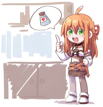 1girl :d ahoge akan_(azure_samu) arrow_(symbol) bare_shoulders black_choker boots breasts brown_skirt choker commentary detached_sleeves english_commentary fiora_(xenoblade) grey_thighhighs hair_between_eyes hair_ribbon hand_up heart index_finger_raised long_sleeves looking_at_viewer medium_breasts open_mouth orange_hair red_ribbon ribbon skirt smile solo standing teeth thighhighs thighhighs_under_boots upper_teeth_only white_boots white_sleeves xenoblade_chronicles_(series) xenoblade_chronicles_1