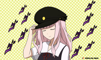 1girl black_shirt blouse checkered_background closed_eyes closed_mouth collared_dress dress female_focus fujiwara_chika hand_up hat jojo_reference kaguya-sama_wa_kokurasetai_~tensai-tachi_no_renai_zunousen~ long_hair looking_down looking_to_the_side multicolored_background neck_ribbon pink_hair polka_dot polka_dot_background ribbon sailor_collar sailor_dress school_uniform self-upload shirt short_sleeves shuuchiin_academy_school_uniform sleeveless sleeveless_shirt solo sound_effects takeshi~ yellow_background