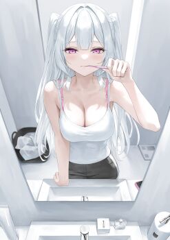 1girl absurdres arm_support bare_shoulders bathroom black_shorts blush bottle bra bra_strap breasts brushing_teeth cellphone cleavage closed_mouth collarbone commentary dolphin_shorts door double-parted_bangs faucet hair_intakes hand_up highres holding holding_toothbrush indoors large_breasts long_hair looking_at_mirror looking_at_reflection looking_at_viewer mat mirror original phone pink_bra purple_eyes reflection reflection_focus rissenka shirt short_shorts shorts sidelocks sink smartphone solo squeeze_bottle standing symbol-only_commentary tank_top toothbrush toothbrush_in_mouth toothpaste underwear very_long_hair white_hair white_tank_top