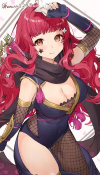 1girl absurdres black_scarf blush bodystocking breasts cleavage closed_mouth clothing_cutout covered_navel detached_sleeves fire_emblem fire_emblem_engage fire_emblem_heroes fishnet_bodystocking fishnets hair_ornament haru_(nakajou-28) highres holding holding_shuriken holding_weapon japanese_clothes large_breasts long_hair navel ninja nintendo official_alternate_costume red_eyes red_hair scarf shuriken shuriken_hair_ornament smile solo star_(symbol) star_hair_ornament sword weapon yunaka_(fire_emblem) yunaka_(stealthy_imitator)_(fire_emblem)