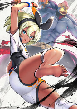 1girl aqua_eyes barefoot bea_(pokemon) black_bodysuit black_hairband blonde_hair bodysuit commentary_request dark-skinned_female dark_skin dynamax dynamax_band extra_arms eyelashes feet foot_out_of_frame gen_1_pokemon gigantamax gigantamax_machamp glowing glowing_eyes hairband incoming_kick machamp muscular nintendo open_mouth pokemon pokemon_(creature) pokemon_swsh shirt short_hair shorts soles tan teeth thighs toes toned toned_female twitter_username upper_teeth_only white_shirt white_shorts yellow_eyes yuduki_(tt-yuduki)
