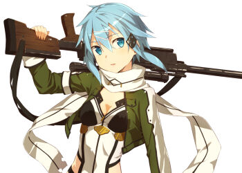 10s 1girl bad_id bad_pixiv_id blue_eyes blue_hair breasts female_focus hair_ornament kinta_(distortion) matching_hair/eyes over_shoulder scarf short_hair simple_background sinon small_breasts sniper solo sword_art_online upper_body weapon weapon_over_shoulder white_background