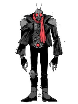 Rule 34 | 1boy, absurdres, antennae, armor, belt, bodysuit, boots, bug, fingerless gloves, gloves, grasshopper, greyscale, helmet, highres, insect, jacket, kamen rider, kamen rider (1st series), kamen rider 1, knee armor, limited palette, long sleeves, looking at viewer, male focus, manabu yashiro, mask, monochrome, red eyes, red scarf, rider belt, scarf, shoulder armor, signature, simple background, solo, spot color, standing, tokusatsu, typhoon (kamen rider), white background